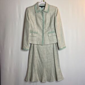 Nipon Boutique Linen Wool Tweed Mint Chiffon Trim Fully Lined 2pc Skirt Suit 6P